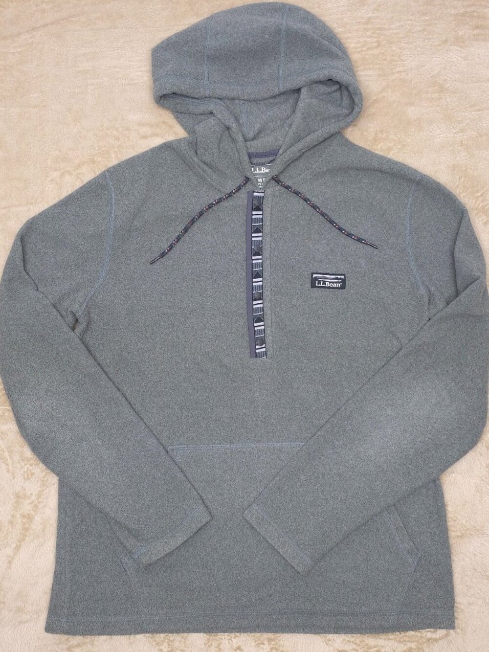 L.L.Bean Mens M Reg Fleece Hooded Pullover Snap Front Anorak Gray Hoodie